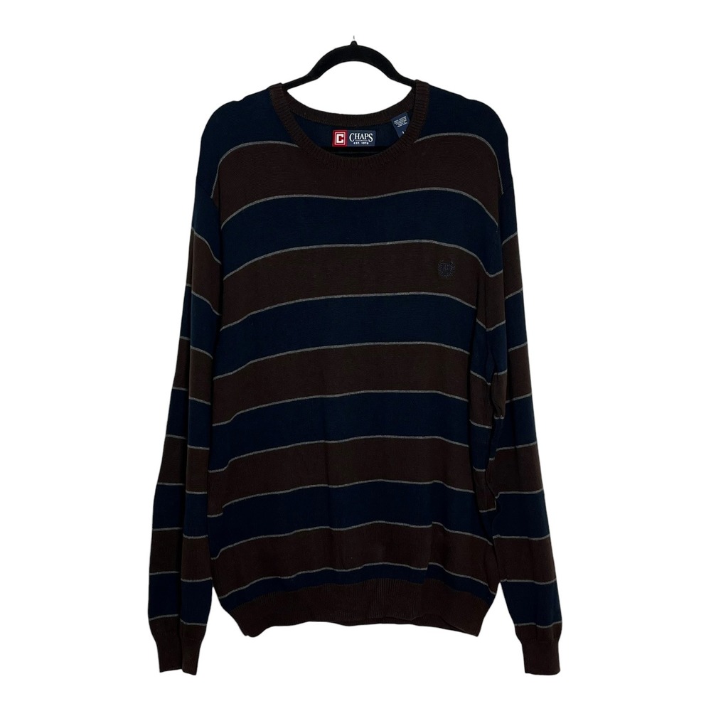 Chaps‎ Mens Navy Blue Brown Striped Crewneck Cotton Knit Sweater Large L